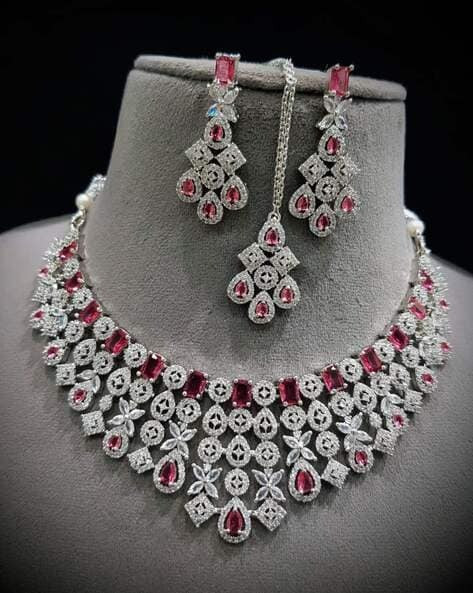 Women Silver-Plated American Diamond-Studded Necklace with Earrings & Mang Tikka Set