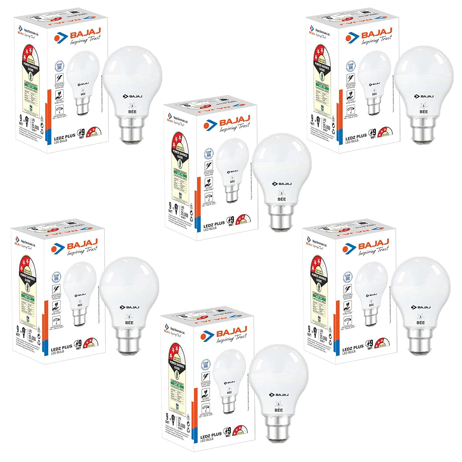 Bajaj Ivora HB LED Lamp 9W | Cool Day Light-6500K B22 | IR Free | UV Free | EnvIRonment Friendly‎ | Energy Efficient | 3.5 KV Surge Protection | PACK OF 6PC